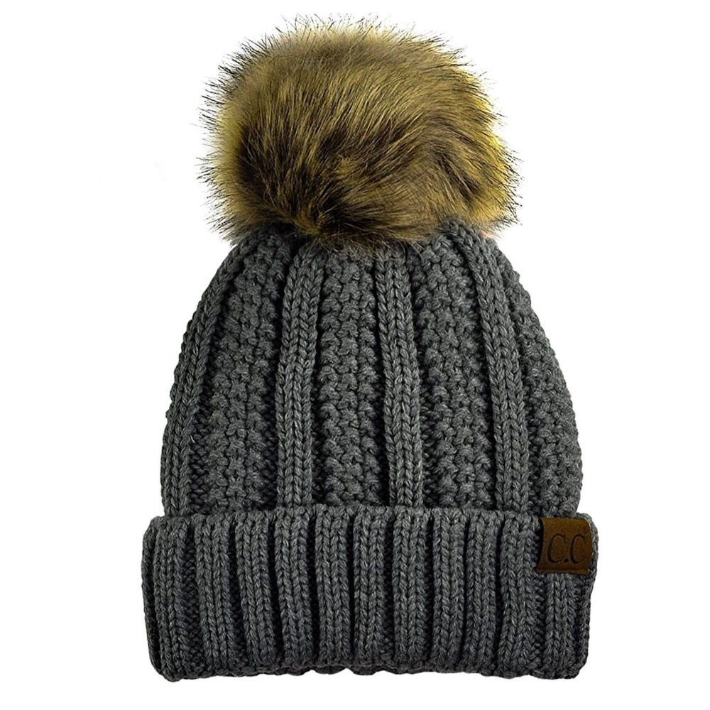 INSIDE Fleece Super SOFT Lined C.C. Knit Beanie with VEGAN Fur in Charcoal Gray - Picture 3 of 3